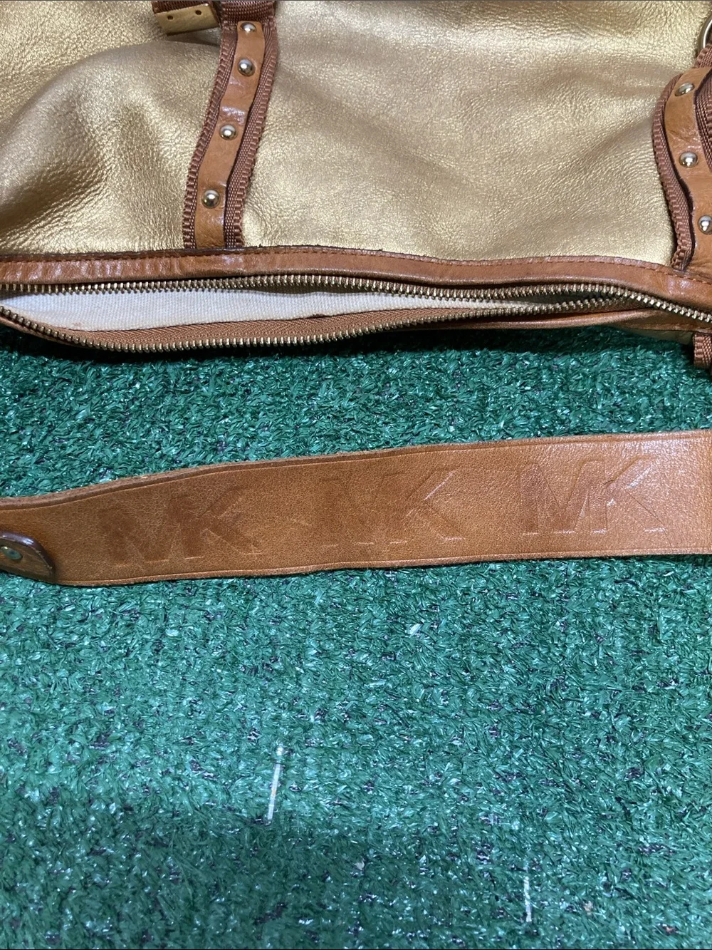Vintage Michael Kors Metallic Gold Shoulder Bag with Brown Trim (OKPM-09-032)